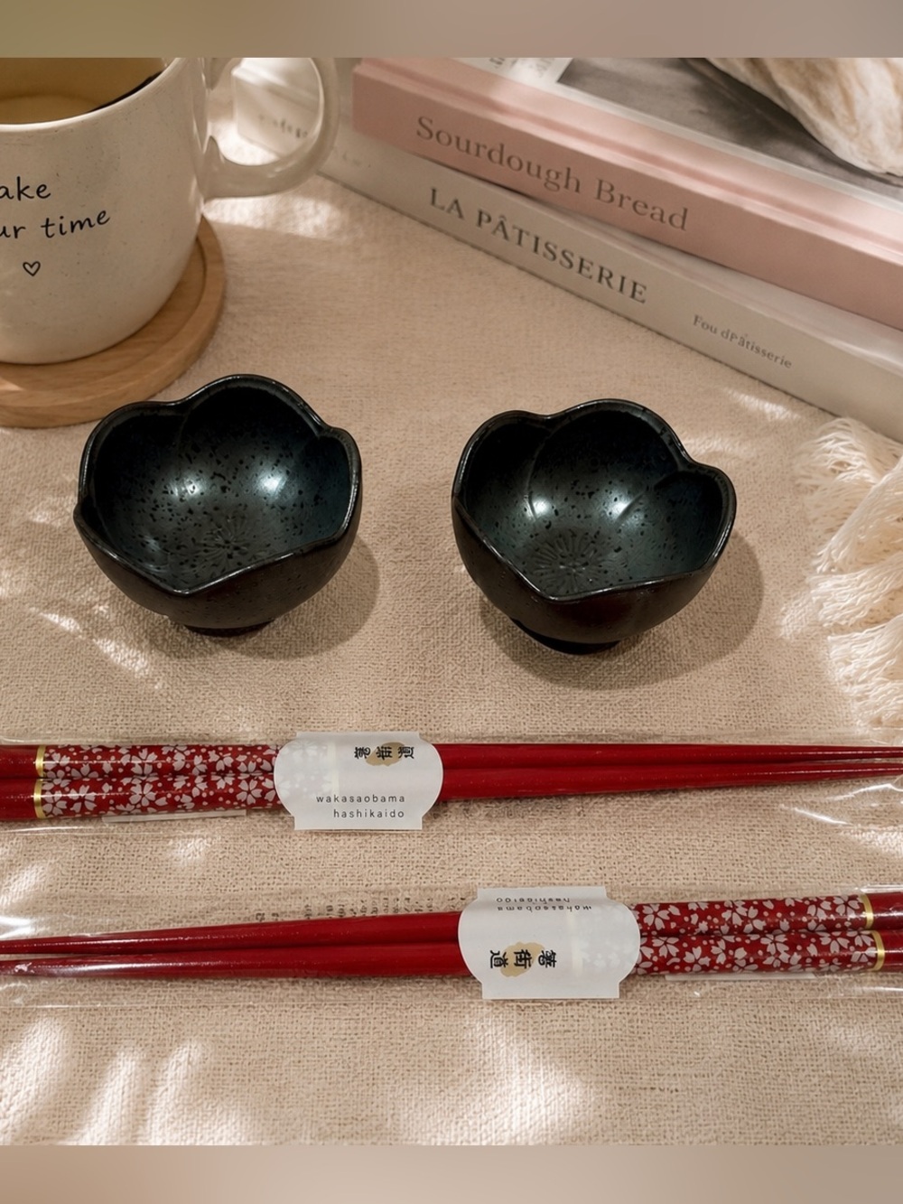 2 Japanese Chopsticks Sakura Set w/ 2 ceramic Soy Sauce Dishes 4pc cute gift lot
